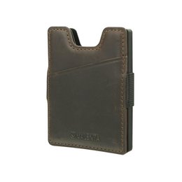 Vintage brown leather card case with money strap, compact and durable design for carrying cards and cash.