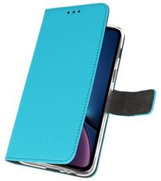Light blue smartphone case for iPhone XR with wallet functionality.