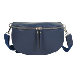 A navy blue cross-body bag with a zipper closure and adjustable strap.