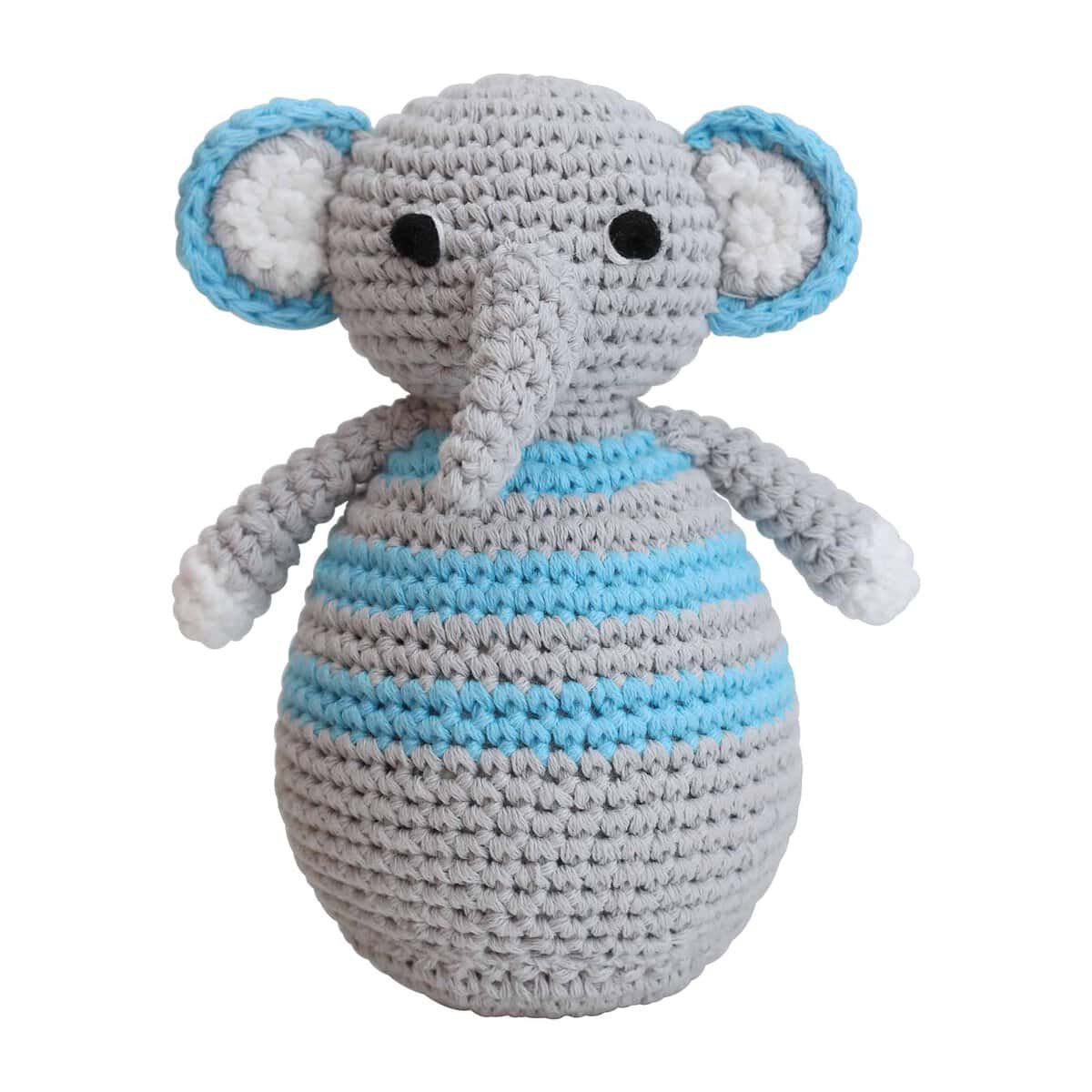 Crocheted stand-up figure elephant JUMBO in blue