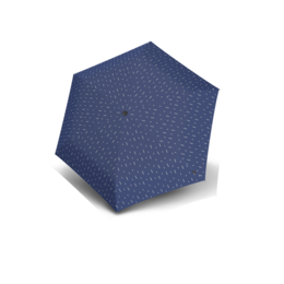 A navy blue, lightweight, automatic folding umbrella with a polka dot pattern.