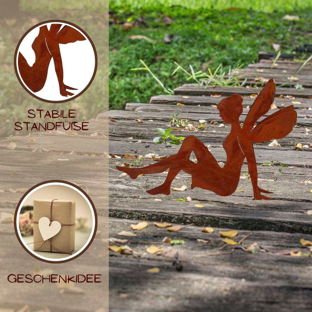 Rust metal fairy sitting | 19cm x 29cm | Vintage decorative figure in patina
