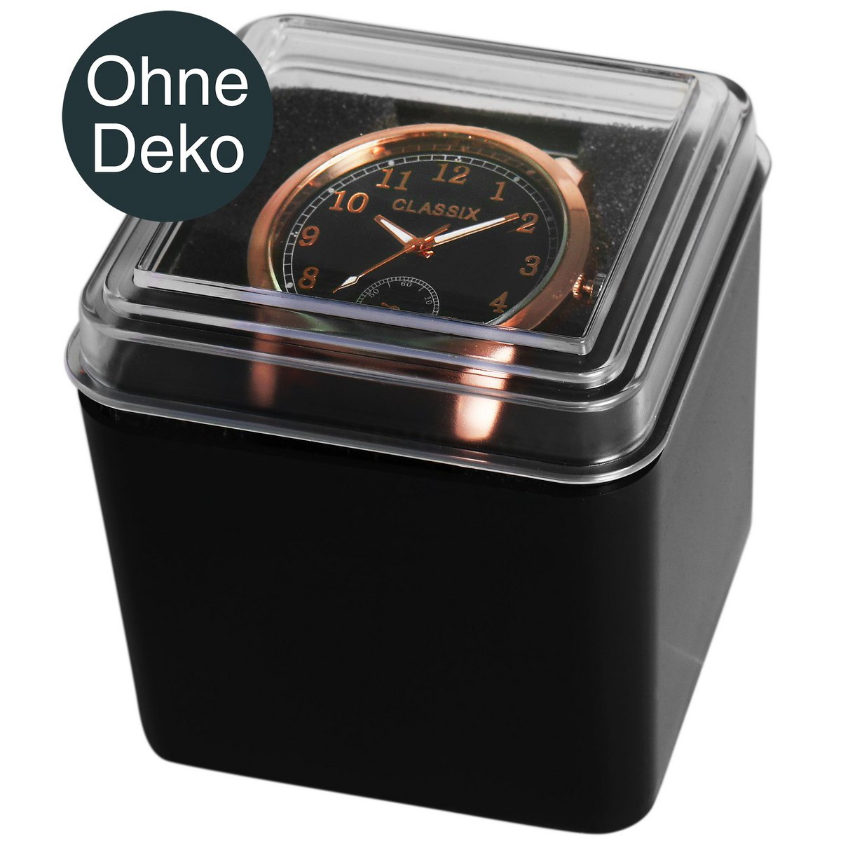 Plastic watch box, black, transparent lid, pack of 12, 7.7 cm x 7.7 cm x 7.4 cm
