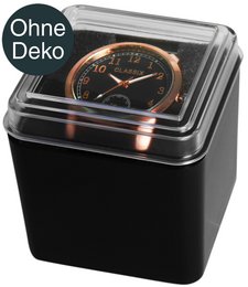 Plastic watch box, black, transparent lid, pack of 12, 7.7 cm x 7.7 cm x 7.4 cm
