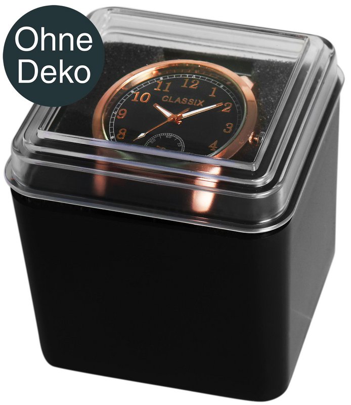 Plastic watch box, black, transparent lid, pack of 12, 7.7 cm x 7.7 cm x 7.4 cm