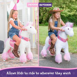PonyCycle Official Classic Ride on Toys Model U White, Pink and Purple Unicorn-with Brake and Sound