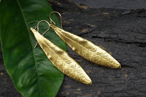 Olive Leaf Earrings, Sterling Silver Gold Plated Dangle Jewelry, Handmade Gift for Women
