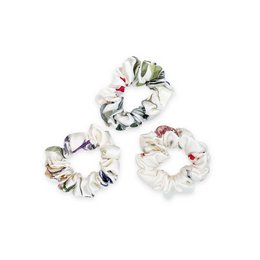 Weißes Seiden-Scrunchies-Set mit botanischem Aufdruck
