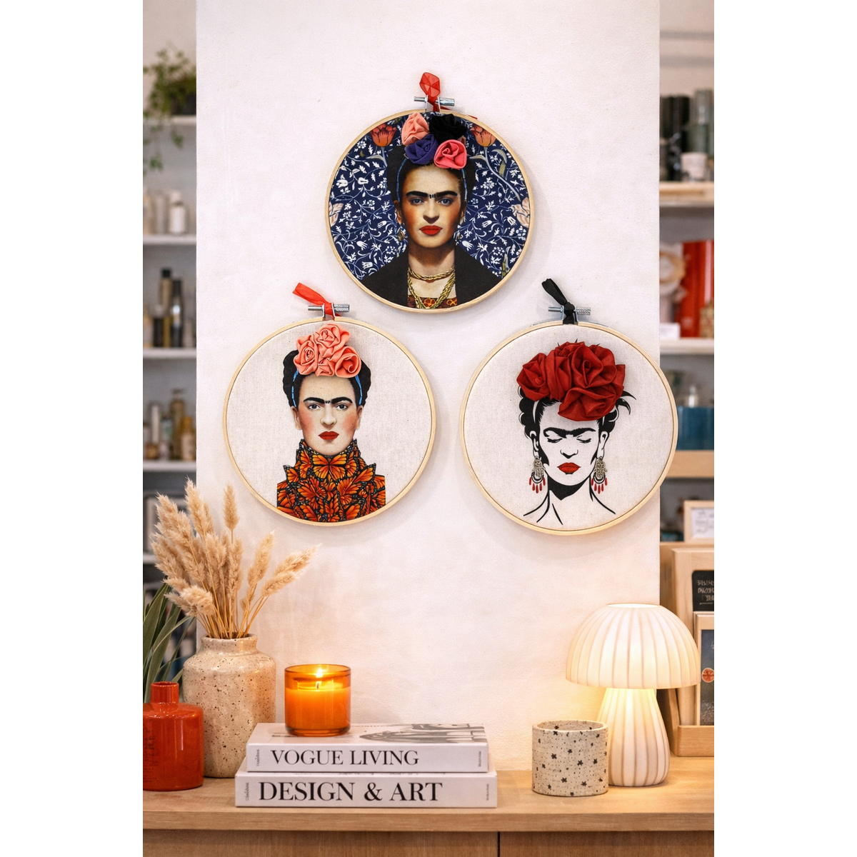 Ispirato a Frida – Set di decorazioni da parete con ritratto ricamato 15 cm (3 pezzi)