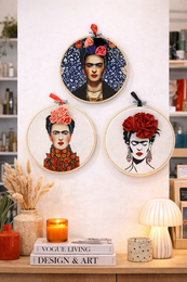 Frida Inspired – Embroidered Portrait Wall Art Set 15cm (3 pieces)