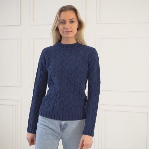 Kabeltrui voor dames, 100% Merino, Praag, donkerblauw