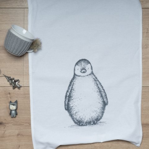 White tea towel, PENGUIN, dark gray