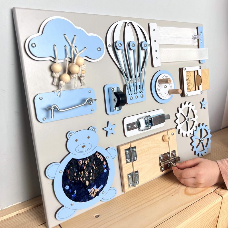 Handcrafted Extra Small Blue & Grey Busy Board– Baby boy XS