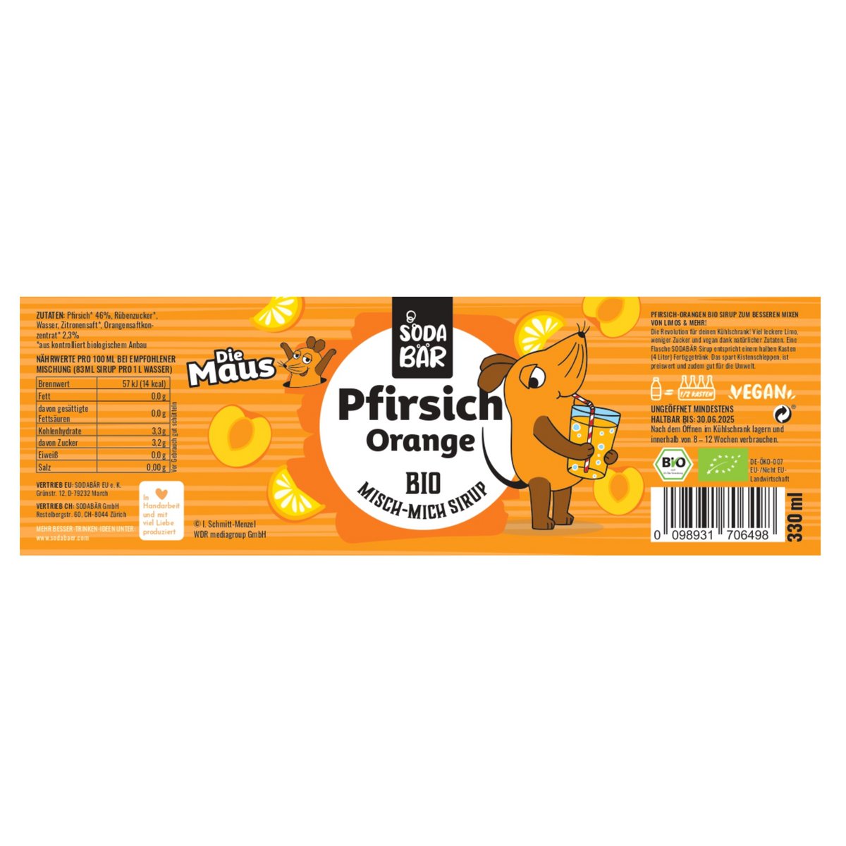 Sirup Maus Bio Pfirsich Orange > bis zu 4 L Getränk mischen, 100% Bio, 100% lecker und 100% Maus