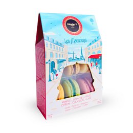  A colorful box containing 6 macarons in various pastel colors, presented in a stylish Parisian-inspired packaging design.