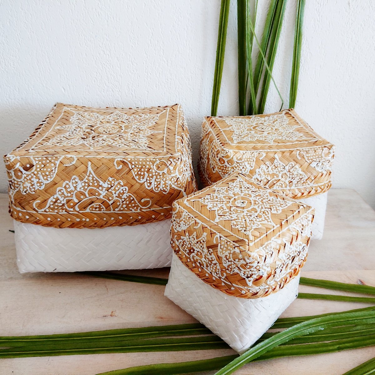 Cajas de bambú, natural/blanco - juego de 3