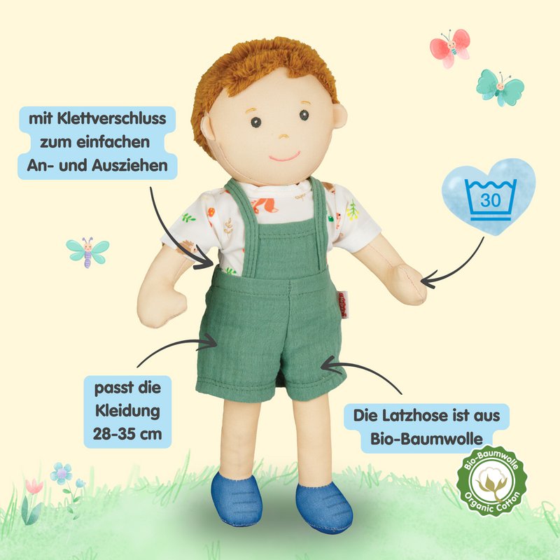 Stof Doll '' Paul '' med tøj til at sætte på og tage af, 32 cm