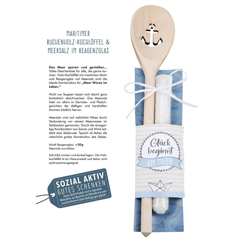 Kochlöffel, "Glück beginnt am Meer", Ankermotiv, Spruch, Holz, naturfarben, VE 6, B. 31 cm, H. 2 cm