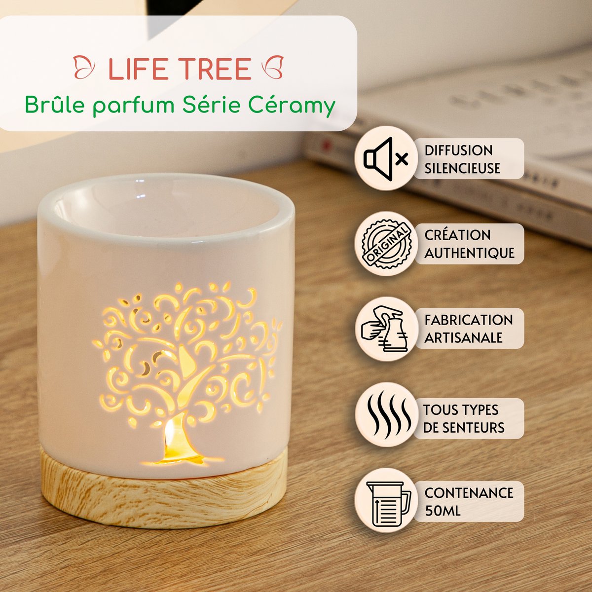 Kominek do perfum z serii Céramy – Drzewo Życia – Lakierowany ceramiczny świecznik – Dyfuzja zapachowych wosków, olejków eterycznych – Dekoracyjny pomysł na prezent