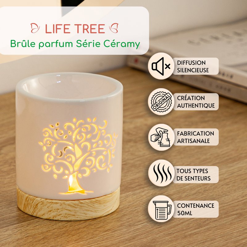 Quemador de perfumes serie Céramy – Árbol de la vida – Portavelas de cerámica lacada – Difusión de ceras aromáticas, aceites esenciales – Idea decorativa de regalo