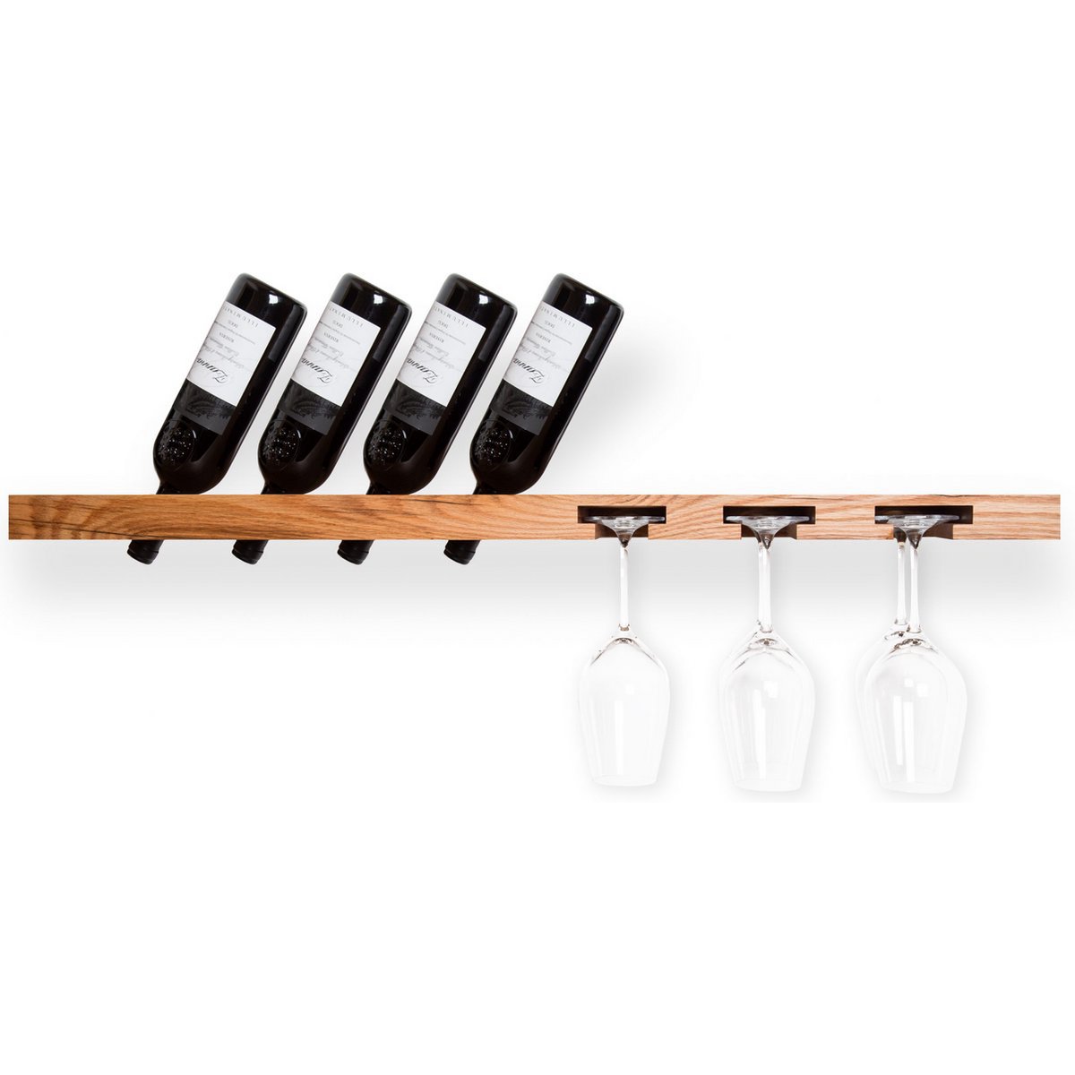 Tu Las™ Portabotellas de madera que incluye copas de vino y portacopas de champán - 94 x 22 x 4 cm - Portabotellas de vino flotante - Montaje en pared - Madera de roble