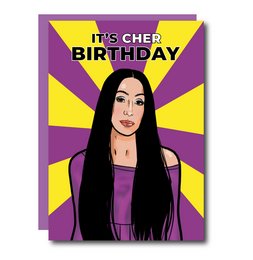 "Cher-themed birthday card with a stylized portrait of the iconic singer."