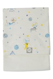 Crib sheet with a rocket and star pattern in blue, yellow, and gray tones. Suitable for a baby's nursery.
