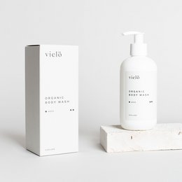 Organic body wash in a 250ml bottle with a minimalist, natural design. Made with gentle, plant-based ingredients for a nourishing cleansing experience.