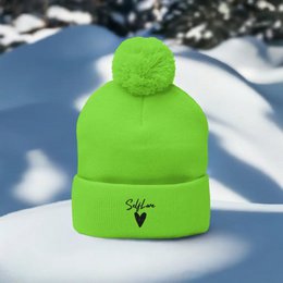 Self Love Pom-Pom Beanie - Women's Beanie with Embroidery