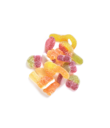  Assorted sour gummy candies in various shapes and colors, including yellow, orange, and red.