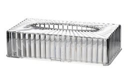 Rectangular napkin holder made of silver-colored metal, with a modern, minimalist design. Dimensions: 26 x 15 x 6.5 cm.
