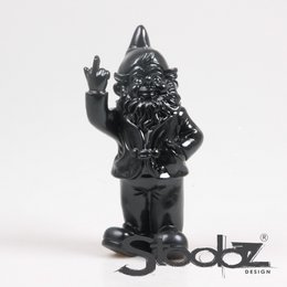  Black ceramic figurine of a gnome-like character with a pointed hat, making a rude hand gesture.