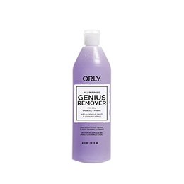 Genius remover for nails, purple liquid in bottle, removes nail polish and gel.