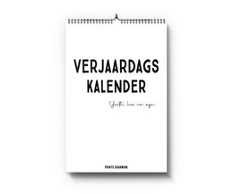 A wall calendar with a minimalist black and white design, featuring the text "Verjaardags Kalender" (Birthday Calendar) on the cover and the month "Januari" (January) on the inside page.