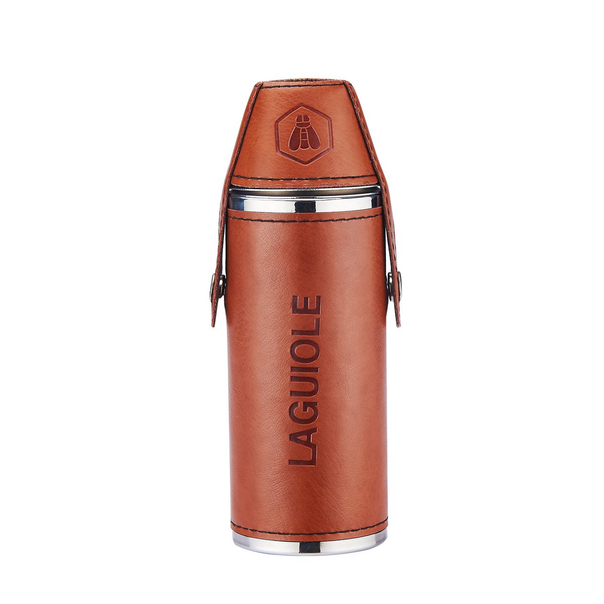laguiole steel flask + 2 cups HIPFLASK 2 CUPS PU WRAPPED BROWN 8 OZ