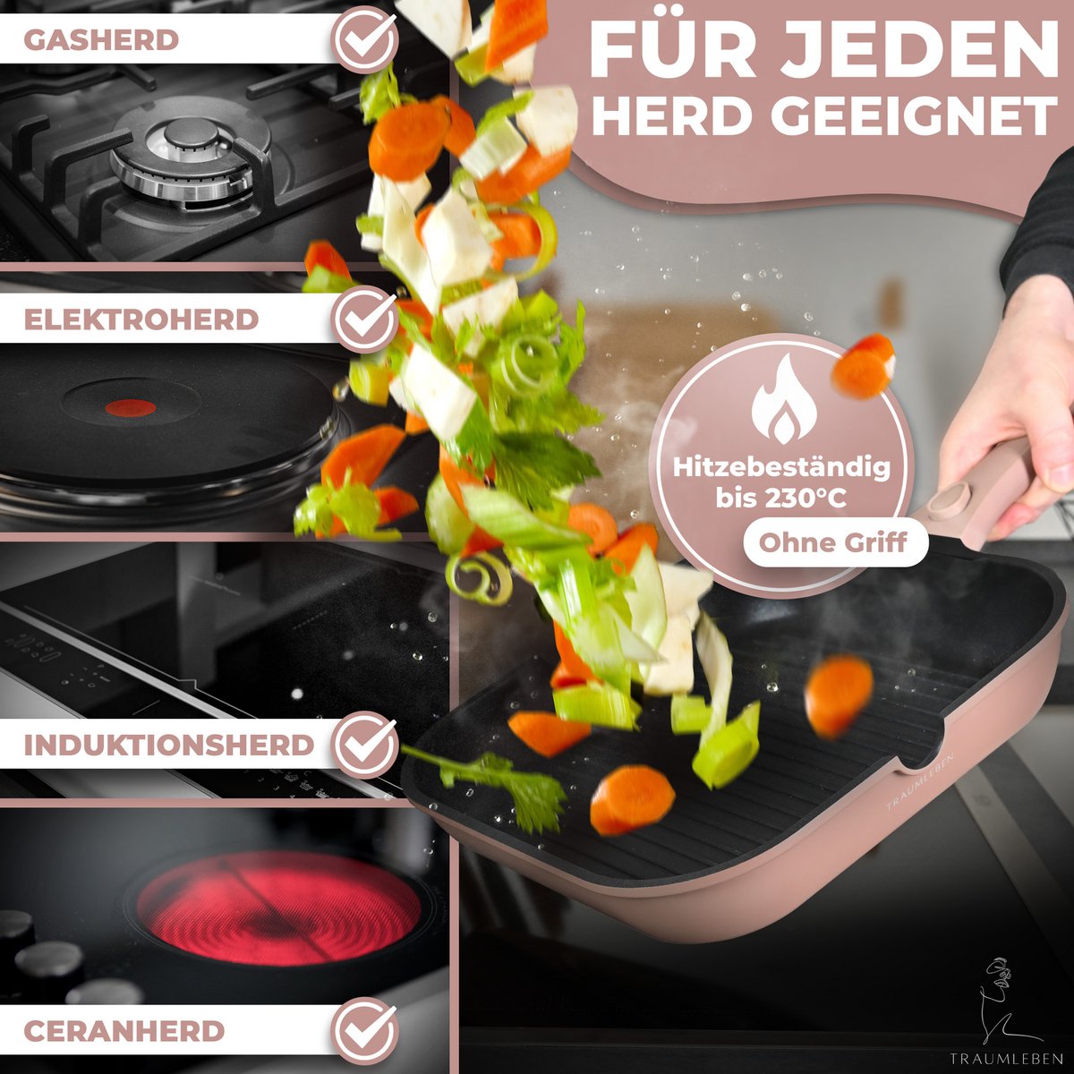 Grill Pan 28 cm, rivestimento non -stick, maniglie rimovibili, induzione, festival del forno (rosa)