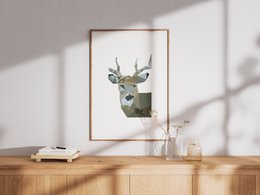  A poster featuring a deer with antlers in a minimalist, nature-inspired design. The poster has a neutral color palette and would be suitable for a child's room or nursery.