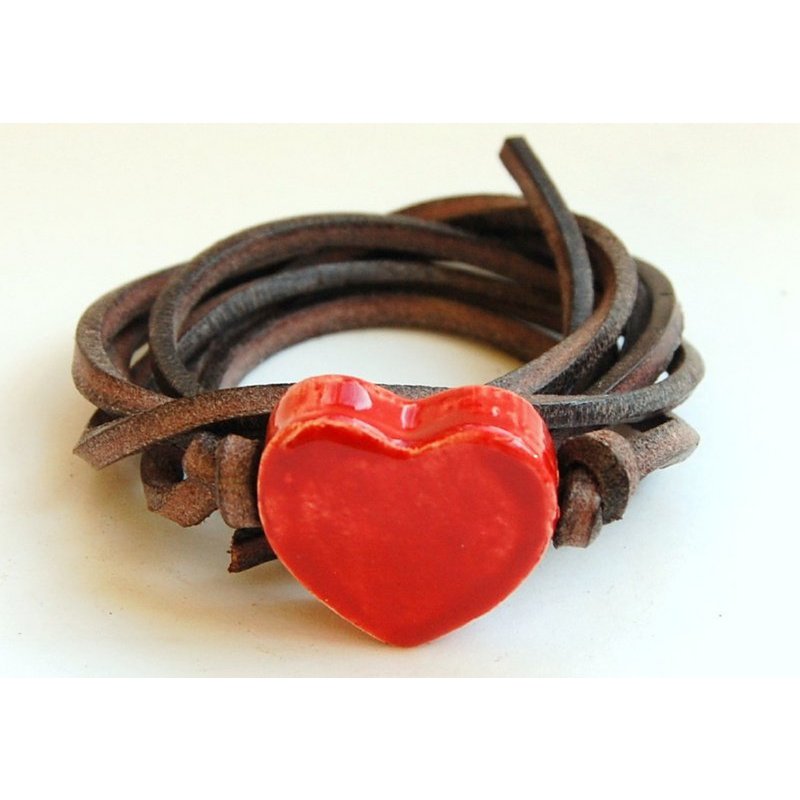 Armband leren veter hart rood