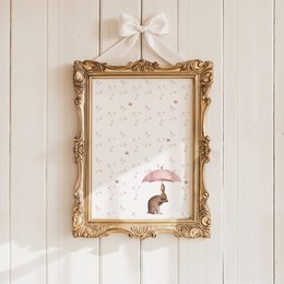 Conejito con póster rosa para paraguas y flores, póster de conejito, lindo póster de conejito, póster de habitación de niñas rosas, estampado de conejito lindo, estampado de arte de guardería de niñas, habitación para niñas