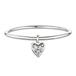 Silver-toned rhodium-plated ring with a heart-shaped charm featuring cubic zirconia stones.