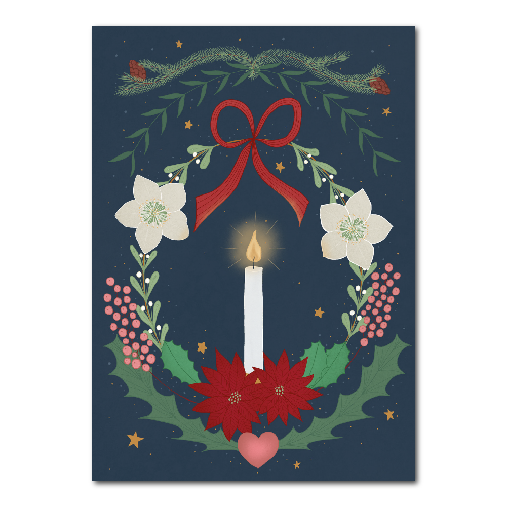 Weihnachtskarte mit Kranz und Kerze