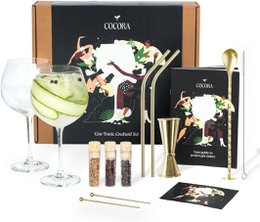 Cocora Gin Tonic gavesæt - 12-delt cocktailsæt i rustfrit stål - Tritan® Krystalglas - Cocktailbog - Bæredygtigt