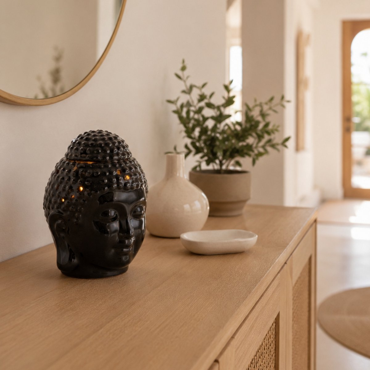 Zwarte Boeddha Dhyana keramische parfumbrander - geurende sfeer - Zen handwerkobject - eenvoudige aromatherapie - geurende fondantbrander - FengShui decoratie - Boeddha hoofd