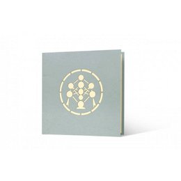 Light gray pop-up card with geometric Atomium design in neutral tones.