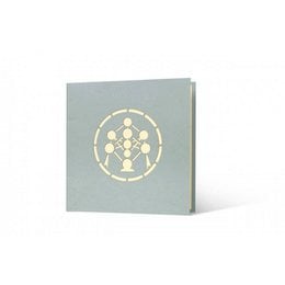 Light gray pop-up card with geometric Atomium design in neutral tones.