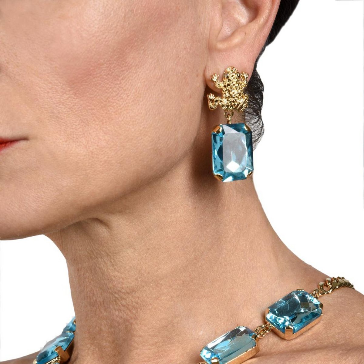 Armonia Gold Plated Light Blue Crystal Earrings With Frog