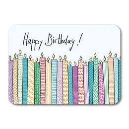 A colorful birthday card with hand-drawn candles and the text "Happy Birthday!"
The image shows a birthday card with a whimsical, hand-drawn design of multicolored candles. The candles are arranged in a row, with the text "Happy Birthday!" written above them. The candles are in various shades of pink, purple, green, and blue, creating a vibrant and festive look. This card would be suitable for a birthday celebration, conveying a cheerful and celebratory message.