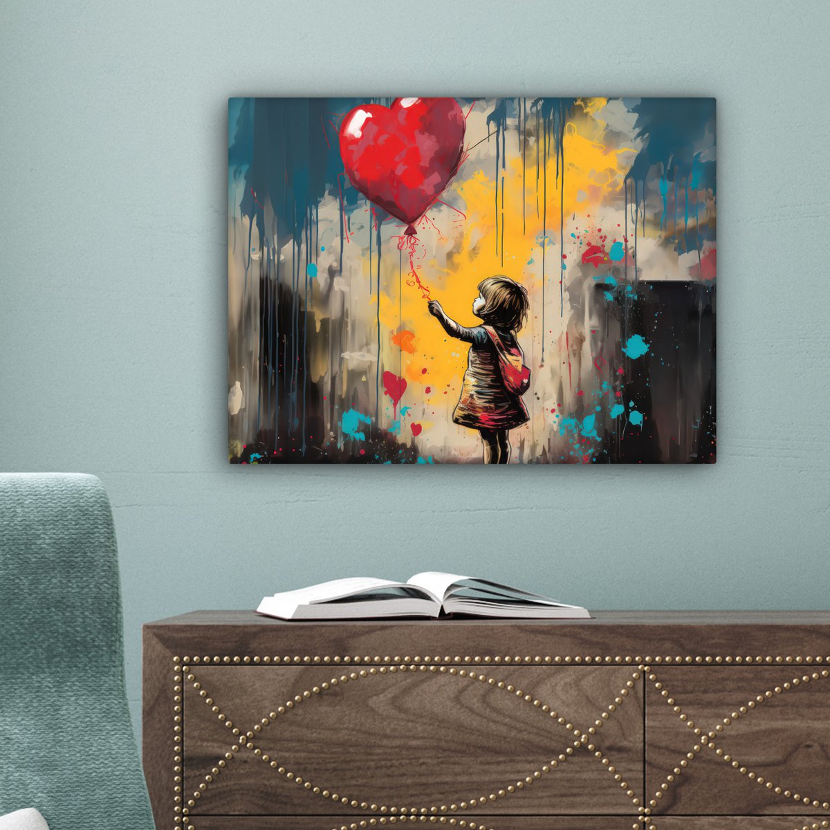 Canvas schilderij  - Wanddecoratie Meisje - Ballon - Hart - Graffiti - Muurdecoratie woonkamer - Slaapkamer decoratie - Kamer accessoires - Schilderijen op canvas