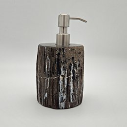  Petrified wood soap dispenser with a stainless steel pump. Unique natural texture and color.