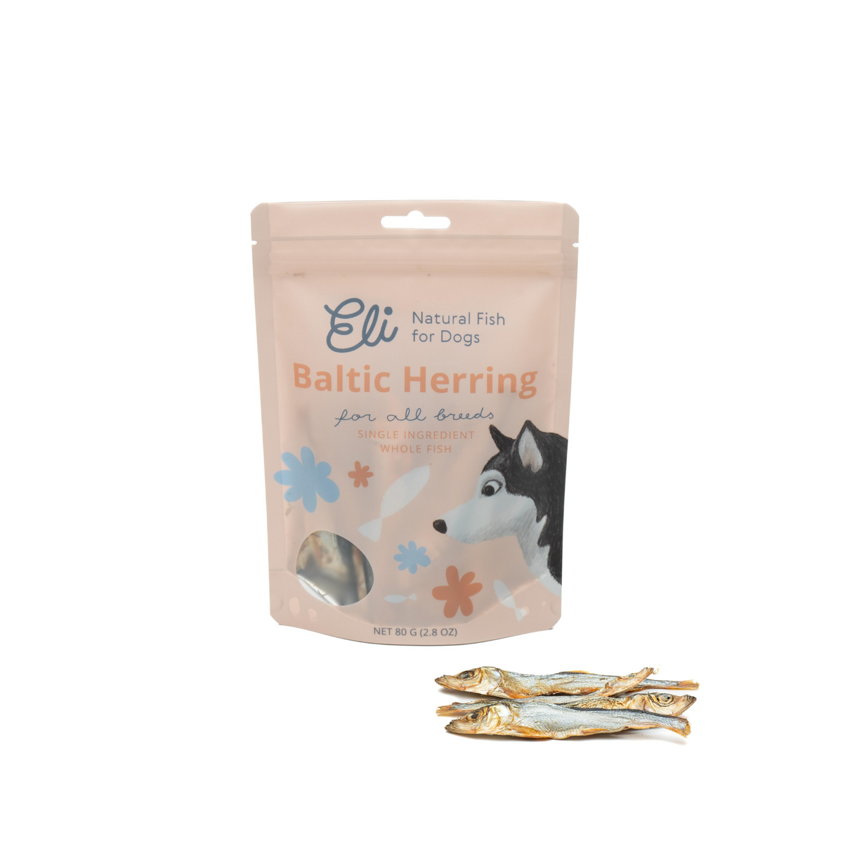 Snack per cani con aringa del Baltico essiccata, naturale, con singolo ingrediente, 80 g